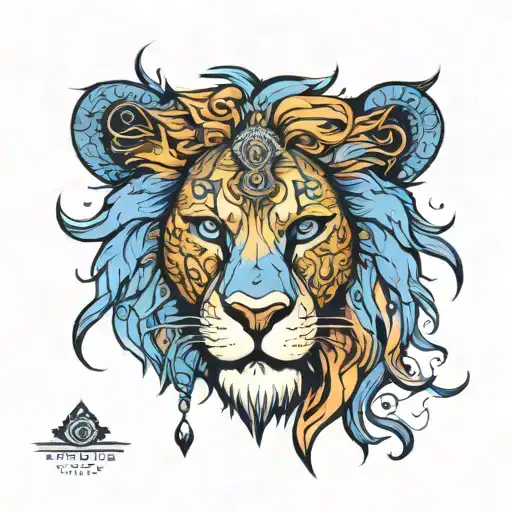  face of a lion with a third eye. Left eye blue, right eye brown. The third eye on the forehead is abstract. Around the  tattoo design idea