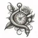 roses blooming clock surrounded snake wrapped tattoo design idea