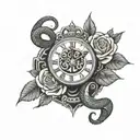 roses blooming clock surrounded snake wrapped tattoo design idea