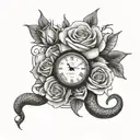 roses blooming clock surrounded snake wrapped tattoo design idea