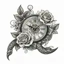 roses blooming clock surrounded snake wrapped tattoo design idea
