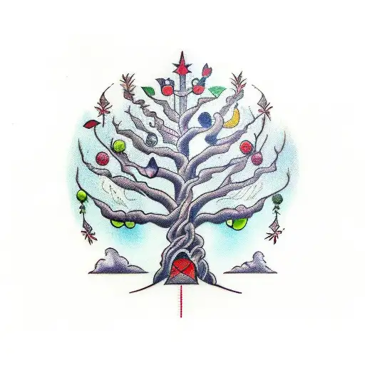 tree with the base spelling spirit and 9 fruits of different shapes and colors  tattoo design idea