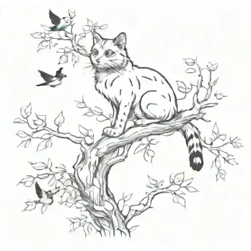 A sketch style tattoo of a cat perched on a tree branch, with birds flying around it tattoo design idea