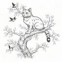 A sketch style tattoo of a cat perched on a tree branch, with birds flying around it tattoo design idea