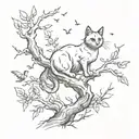 A sketch style tattoo of a cat perched on a tree branch, with birds flying around it tattoo design idea