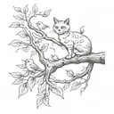A sketch style tattoo of a cat perched on a tree branch, with birds flying around it tattoo design idea