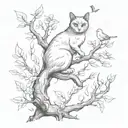 A sketch style tattoo of a cat perched on a tree branch, with birds flying around it tattoo design idea