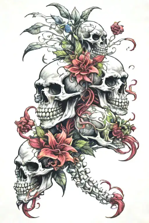 skulls with flowers and the devil fighting Pepe the king prawn  tattoo design idea