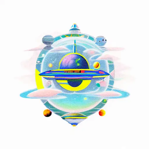 An imaginative new-school spaceship sailing through the cosmos tattoo design idea