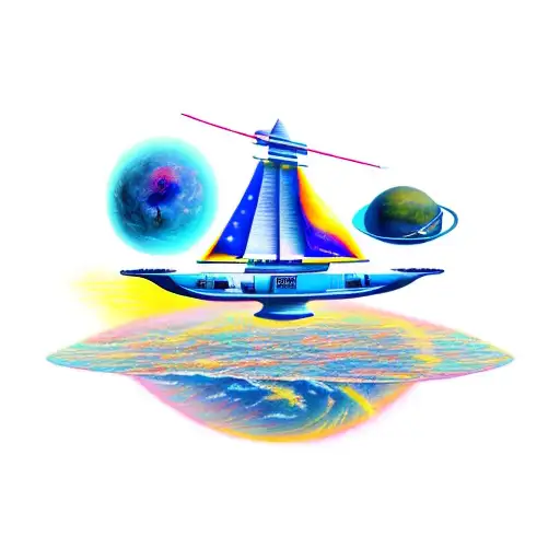 An imaginative new-school spaceship sailing through the cosmos tattoo design idea