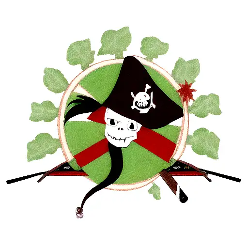 Pirate captains hat with crossed pistols. Surrounded by japanese maple leaves tattoo design idea