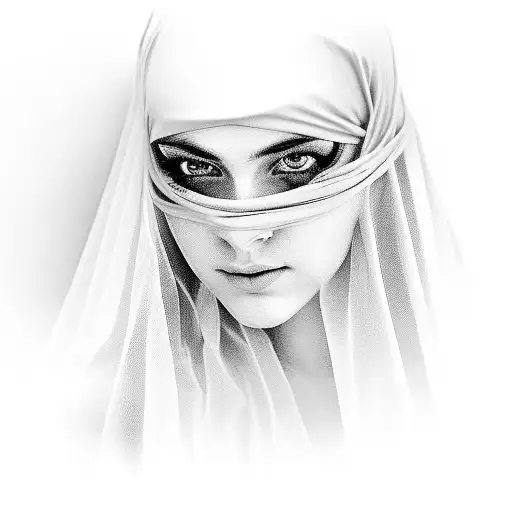 woman looking downward. top half of face covered by a veil. her eyes cannbe seen faintly through the veil. tattoo design idea