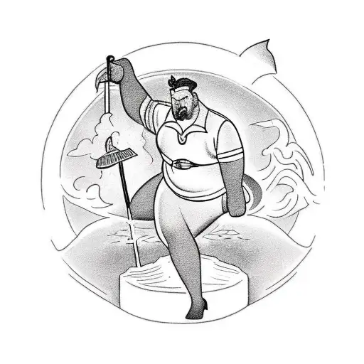 A tattoo outline. The main focus is a plus size male that is laying down across a broom stick flying. The scene should b tattoo design idea