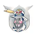 a plus size male that is laying down across a broom stick flying tattoo design idea