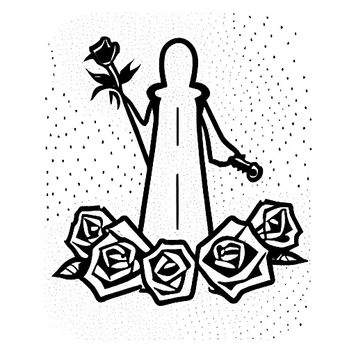 outline of a grim reaper standing in a graveyard holding a bouquet of roses. tattoo design idea