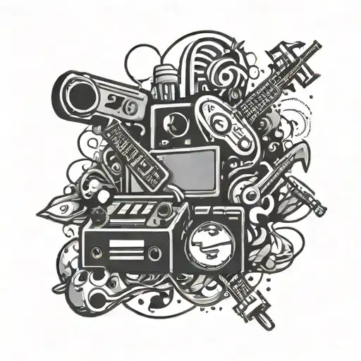 An abstract design featuring a mix of iconic 90s video game characters and musical instruments tattoo design idea