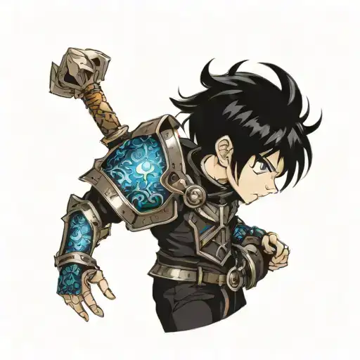 boy with black hair and dark blue eyes in glittery black battle armor  tattoo design idea
