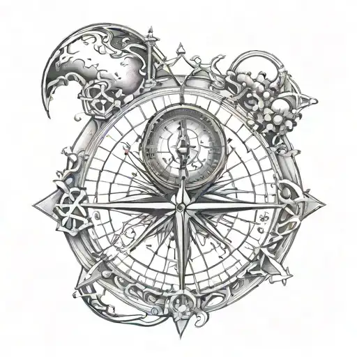 moon sarrounding compass tattoo design idea