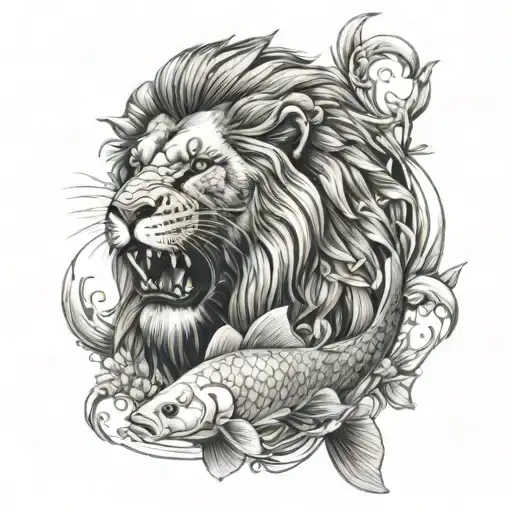 male lion eating a koi fish tattoo design idea