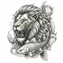male lion eating a koi fish tattoo design idea