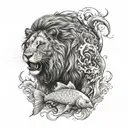 male lion eating a koi fish tattoo design idea
