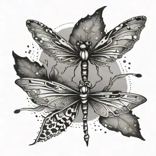 A detailed design of a dragonfly and a bat flying together in harmony tattoo design idea