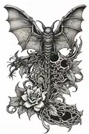 A bat tangled in thorns with a dragonfly resting on top tattoo design idea