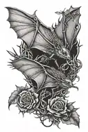 A bat tangled in thorns with a dragonfly resting on top tattoo design idea