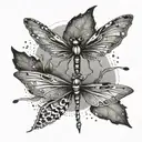 A detailed design of a dragonfly and a bat flying together in harmony tattoo design idea