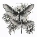 A detailed design of a dragonfly and a bat flying together in harmony tattoo design idea
