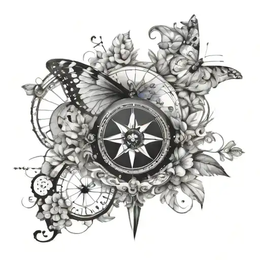 A butterfly compass design incorporating elements of nature and anime tattoo design idea