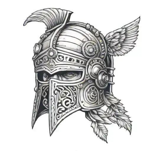 A Roman centurion helmet with a modern twist, incorporating security camera lenses as eyes tattoo design idea