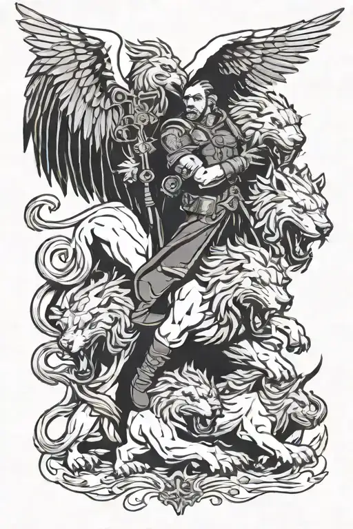 A manager character from a video game leading an army of lions and eagles into battle tattoo design idea