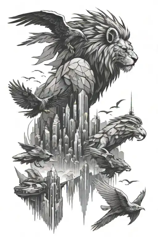 A futuristic cityscape with video game references, where lions and eagles soar in the sky tattoo design idea