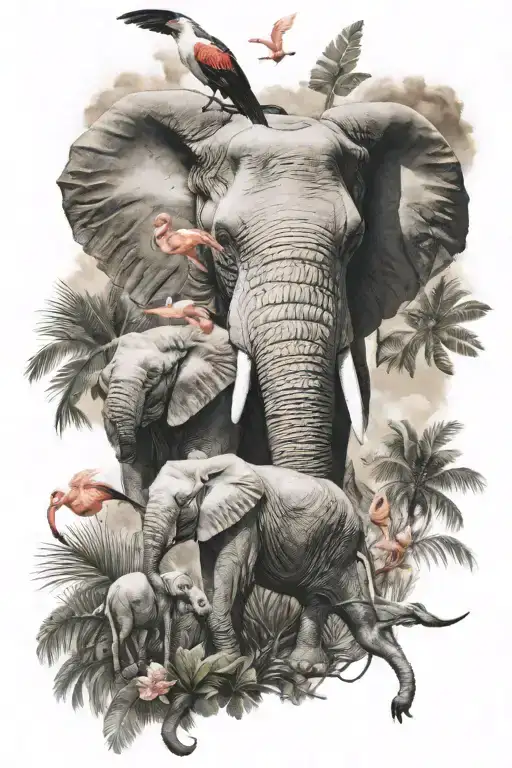 Elephant parents and child with a hawk and a flamingo flying above them  tattoo design idea