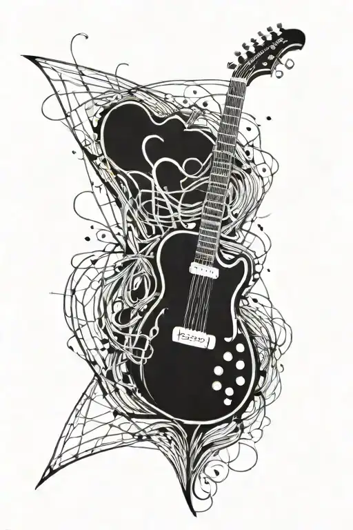 Object: guitar, guitar amplifier, heart, heartbeat line. Color: black: Style: realistic, abstract. Meaning: suffering tattoo design idea