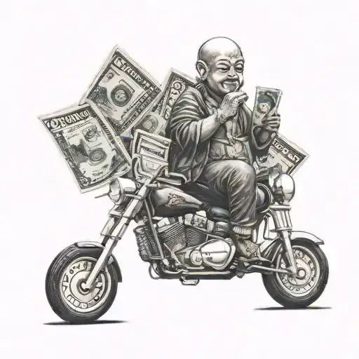 budha with money  riding Harley Davidson motorcycle tattoo design idea