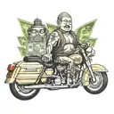 budha with money  riding Harley Davidson motorcycle tattoo design idea