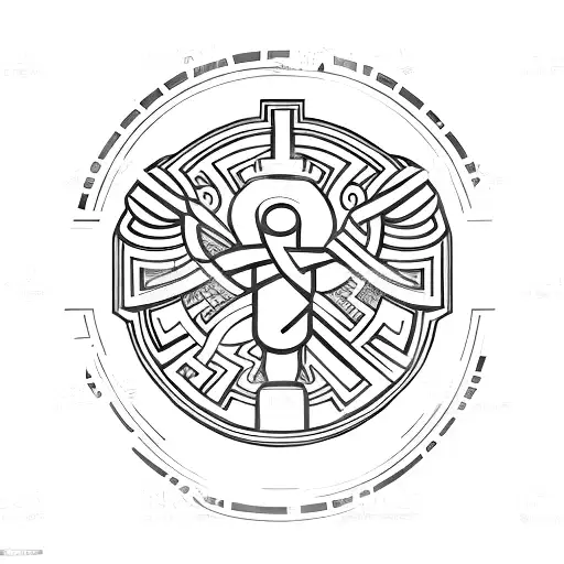 Dumbbell with Greek symbols in a minimalist style tattoo design idea