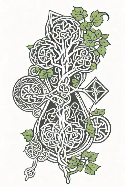 celtic tree of life with celtic runes, celtic knots, guinness harp and four leaf clovers. tattoo design idea