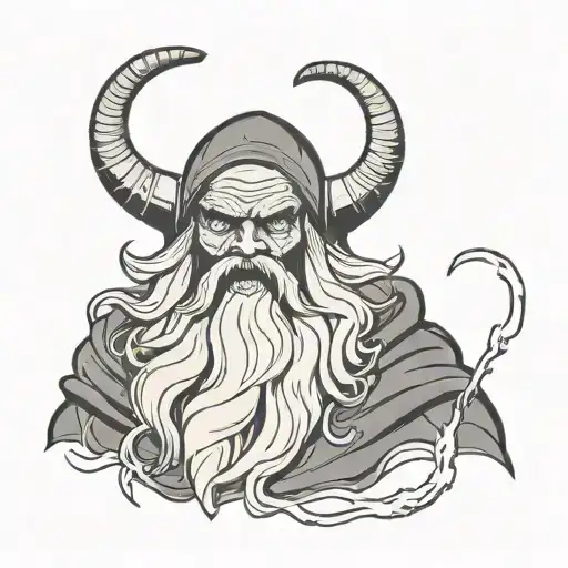 An Evil Electric Wizard With Horns In His Forehead Black Full Beard And Scary Eyes smoke in The background tattoo design idea