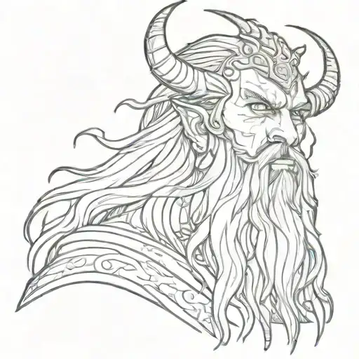an evil Electric wizard with horns in his forehead Black full beard and scary eyes tattoo design idea