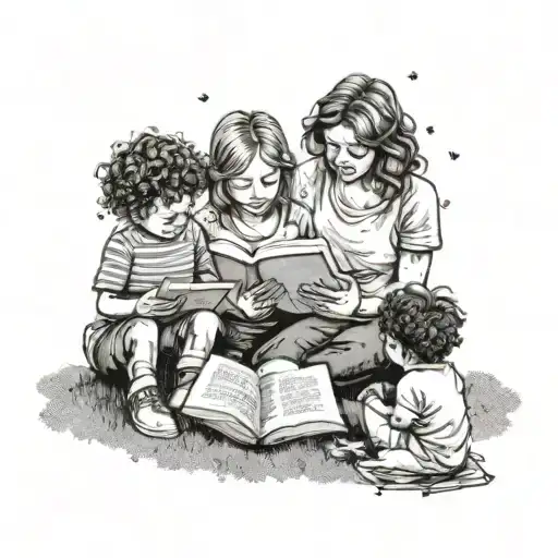 A dotwork illustration of a mother reading a book to her children on a sunny day tattoo design idea