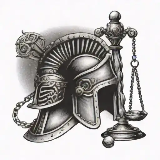 An intricate tattoo design featuring a Roman gladiator helmet and a gavel to symbolize your passion for the Roman Empire and your occupation as a lawyer tattoo design idea