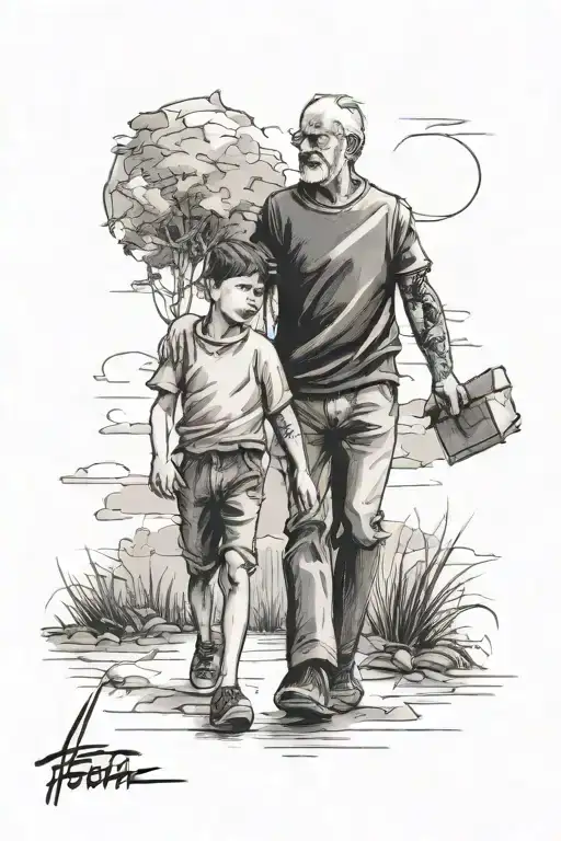 son and father walking tattoo design idea