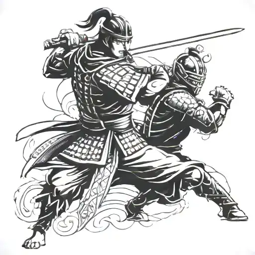a samurai fighting with a sword against a gladiator tattoo design idea