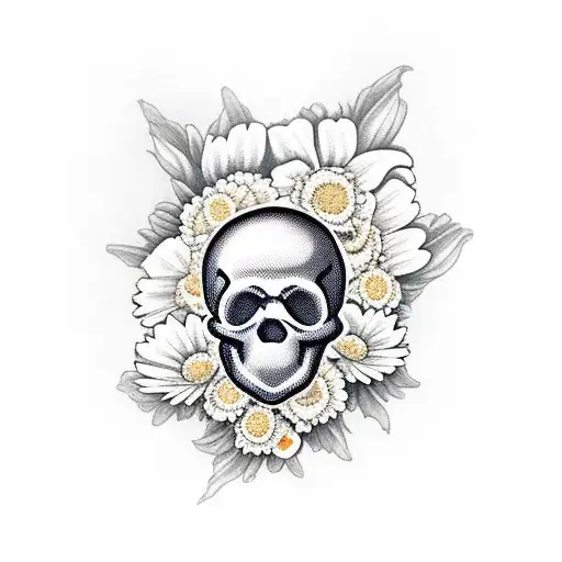 skull with bunnies in the skull and chrysanthemums tattoo design idea