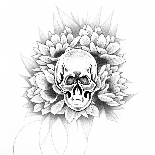 skull with bunnies and chrysanthemums tattoo design idea