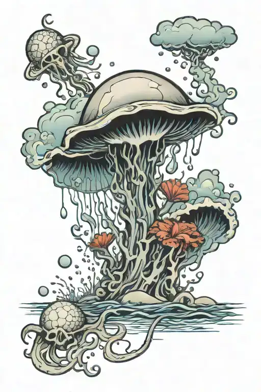 ocean scene under a storm clouds with a jelly fish a trident a sand dollar, a conch , coral   tattoo design idea