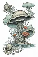 ocean scene under a storm clouds with a jelly fish a trident a sand dollar, a conch , coral   tattoo design idea